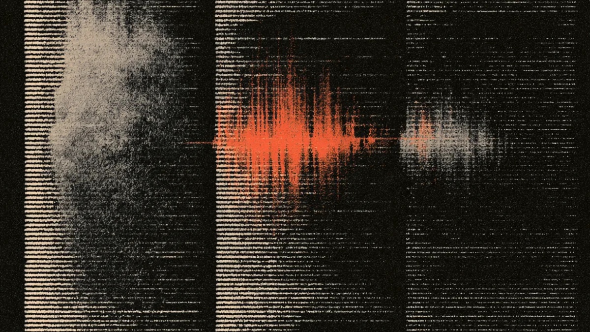 Tres ritmos gráficos sobre fondo negro unidos por una señal terracota